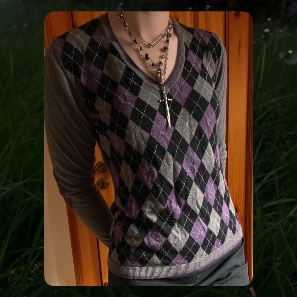 Faconnable Purple Argyle V-Neck Sweater